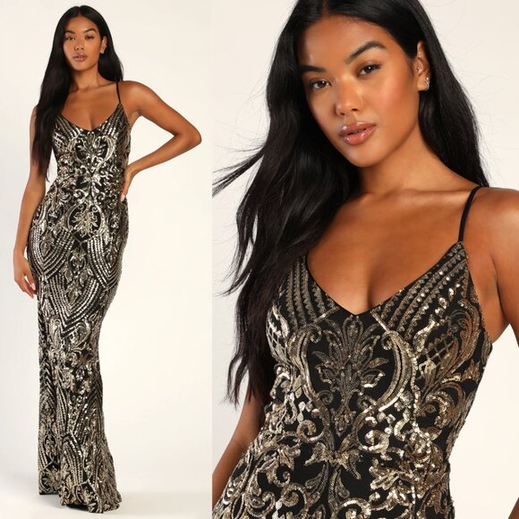 Lulus Dresses & Skirts - NWOT Lulus Truly Alluring Black and Gold Sequin Mermaid Maxi Dress